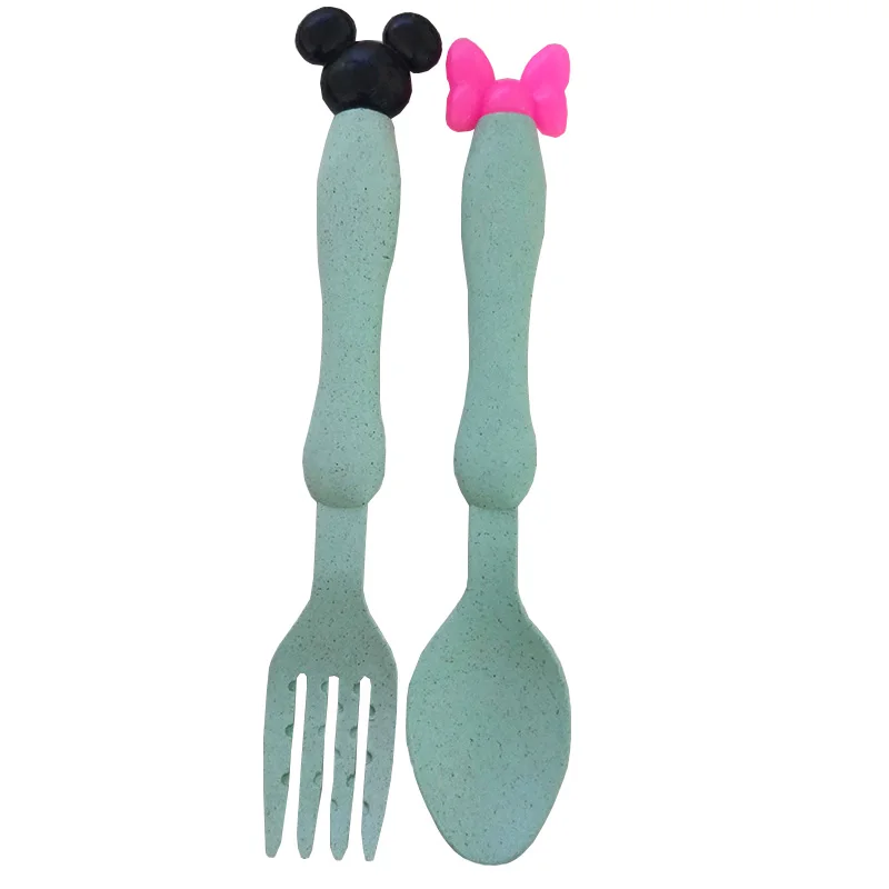 fork and spoon green Пшеничная соломенная детская обеденная миска, детская мультяшная посуда, набор, детская обеденная тарелка, детская тренировочная миска, ложка, вилка, Опп Упаковка - Цвет: fork and spoon green