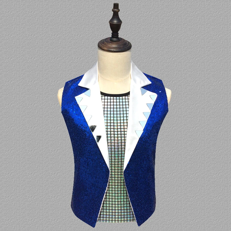 

Men vest clothing personality slim male sleeveless vests men punk rock costumes hombre chalecos singer dance stage star blue