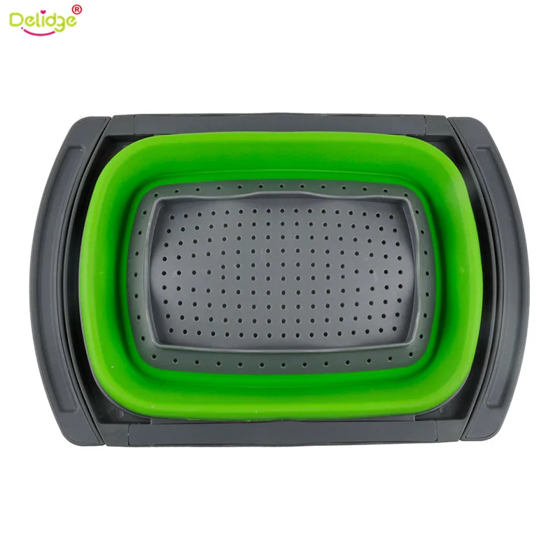 green Delidge Складная Силиконовая дренажная корзина с эластичной ручкой, Регулируемый Кухонный Дуршлаг для овощей, фруктов, фильтр для мытья, инструмент - Цвет: green