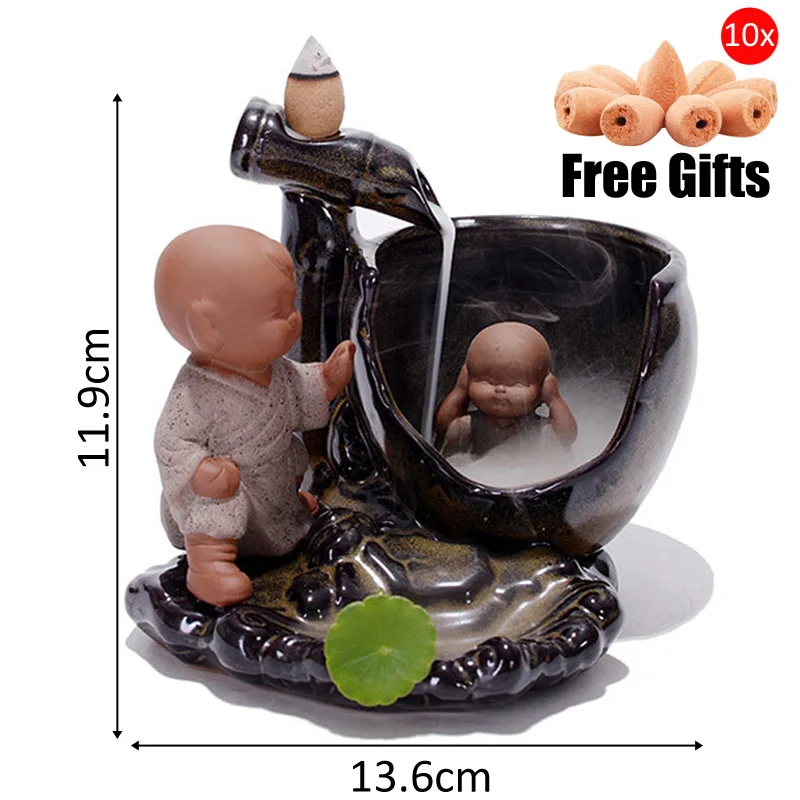 Backflow Incense Burner Home Decor Ceramic Little Monk Small Buddha Holder Aromatherapy Censer + 10Pcs Cones | Дом и сад