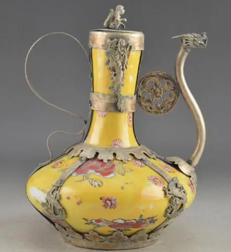 

Exquisite Chinese Porcelain Handwork Copper Old Dragon Phoenix Statue Teapot