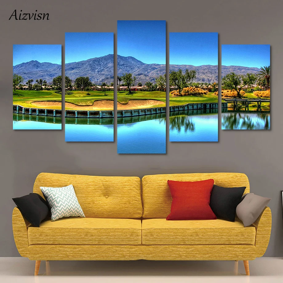Aizvisn 5 Piece Mountain Golf Course Landscape Poster Modern Wall Art HD Printed Canvas Painting Home Decor Lake Pictures Framed | Дом и сад