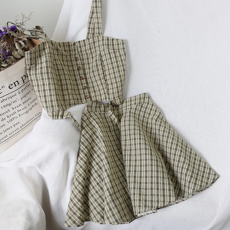 2019 new fashion women's two piece set Plaid suit strapless vest+skirt two-piece female | Женская одежда
