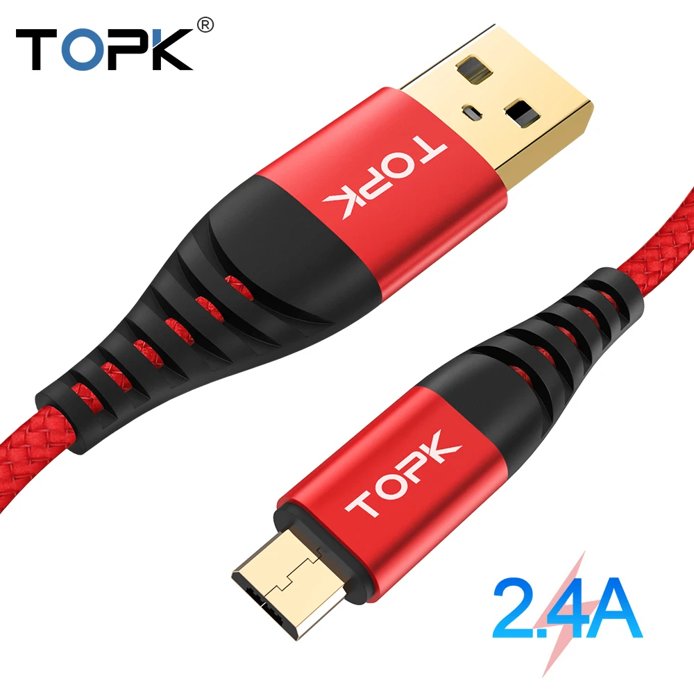 TOPK Micro USB кабель с нейлоновой оплеткой для синхронизации данных, зарядный кабель для телефона samsung Galaxy S7 Edge, Xiaomi Redmi, зарядное устройство для мобильного телефона