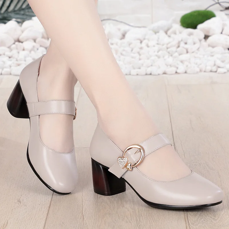 Женские туфли из натуральной кожи с квадратным носком на высоком каблуке|Женские