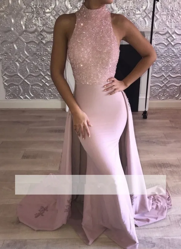 

Pink Muslim Evening Dresses Mermaid High Collar Beaded Elegant Islamic Dubai Saudi Arabic Long Formal Evening Gown