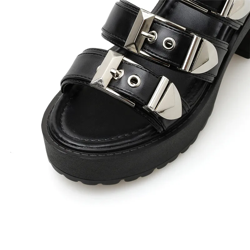 

YMECHIC New Arrival 2019 Summer Back Strap Sandals Gladiator Rome Metal Buckle Punk Block Heels Black Party Shoes Women Popular