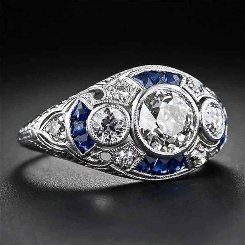 925 anillos серебряное кольцо в стиле ретро с фианитами для женщин, женские элегантные кольца с синим кристаллом, украшения для банкета с сапфиром