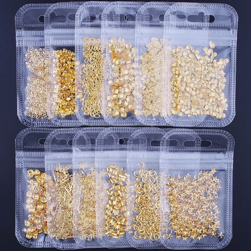 

MKHG 200X Gold Rivet Nail Studs Star/Moon/ Shell Square /Triangle 94 Types 3d Metal Nail Art Tip Metallic Studs Stickers Decor