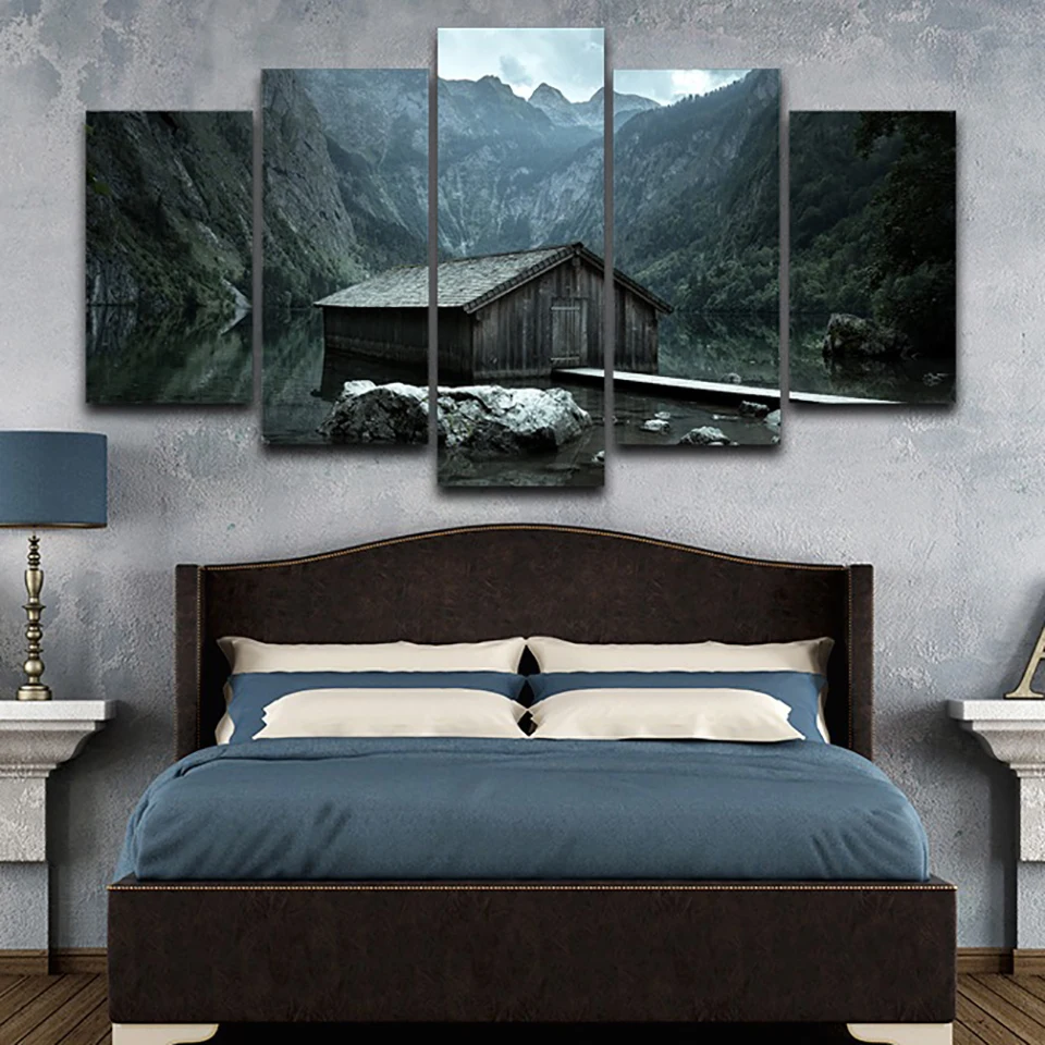 Frame Home Decor Living Room Wall Pictures 5 Panel Chalet Mountains Landscape Art Painting Modular HD Printed Canvas Poster | Дом и сад