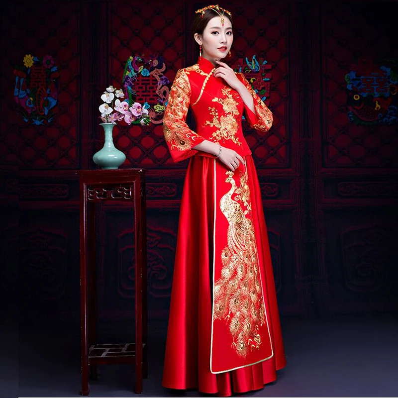

Винтажное торжественное платье в китайском стиле, Королевский Павлин, Свадебный костюм чонсам, Красный традиционный костюм для невесты, вы...