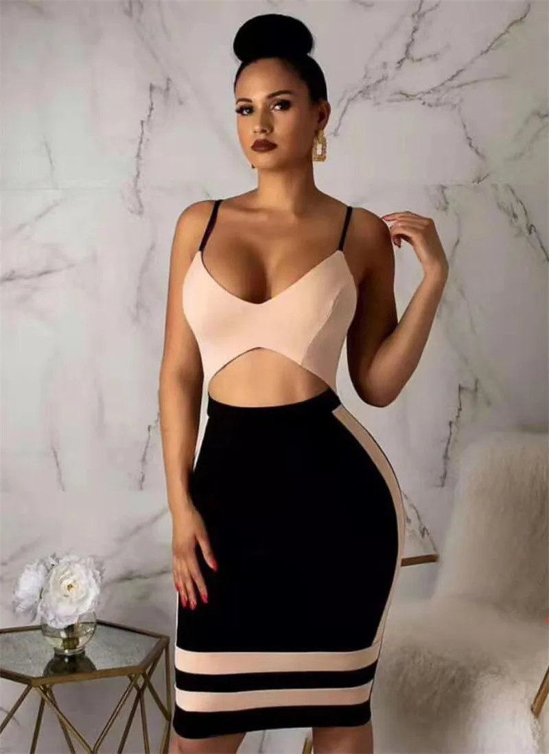 

Top Quality Strap Sleeveless V-Neck Hollow Out Sexy Women Bandage Dress Celebrity Prom Party Dress