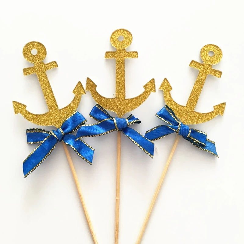 Блестящий Золотой с синим бантом морской якорь моряк кекс Topper стикеры тематики