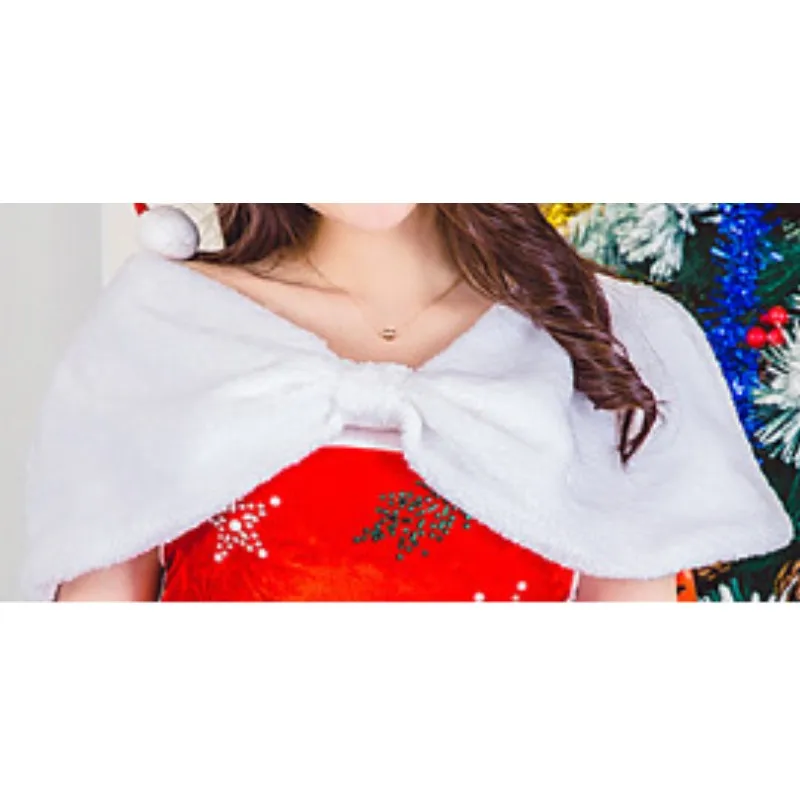 

(Dress+Hat+Gloves+Shawl) Red Christmas Fashion Dress Women Sleeveless Cosplay Sexy Strapless Dresses New Year Vestidos De Festa