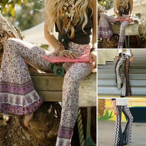 Женские длинные брюки с высокой талией Boho хиппи модные клеш колокол цветочным