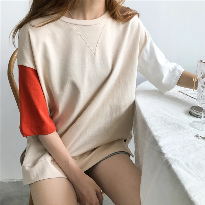 Eleindole корейский стиль женские футболки с круглым вырезом Свободный пуловер