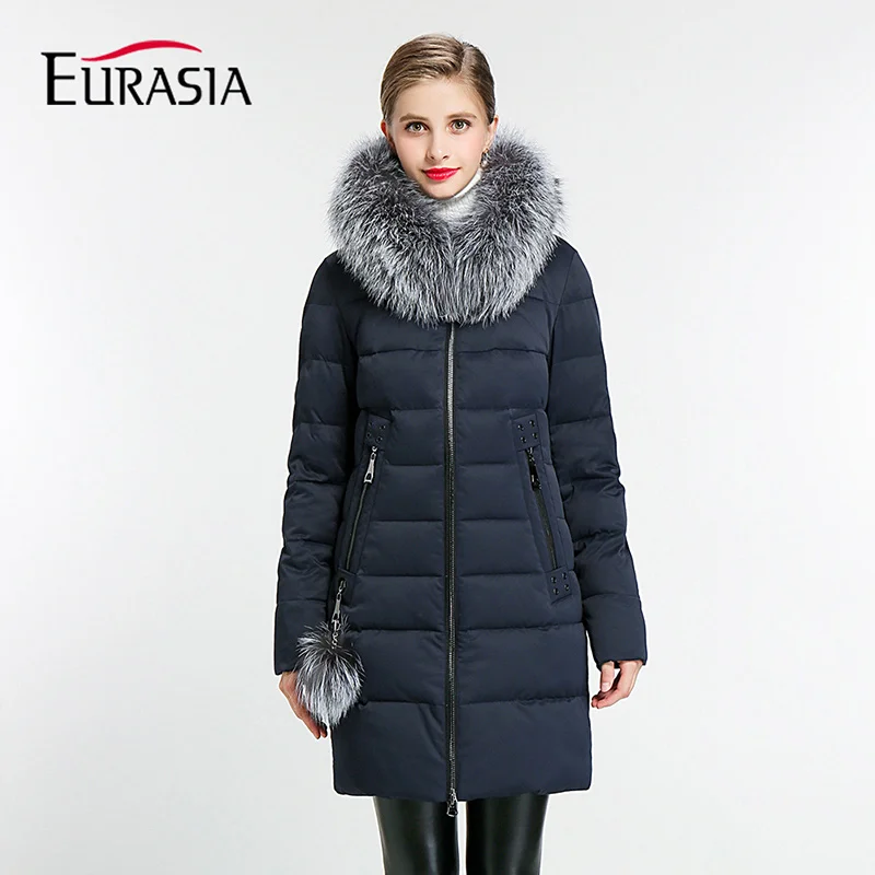 49 Dark blue Женская зимняя куртка с капюшоном EURASIA, длинная куртка в новом дизайне с капюшоном, плотная хлопковая парка, стильные голубые куртки с воротником из натурального меха, Y170016, зима - Цвет: 49 Dark blue