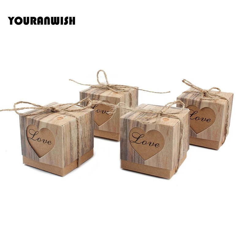 Candy Boxes Love Heart Kraft Box Paper Gift with Burlap Jute Shabby Chic Twine Wedding Favor Valentine's Day and Part | Дом и сад