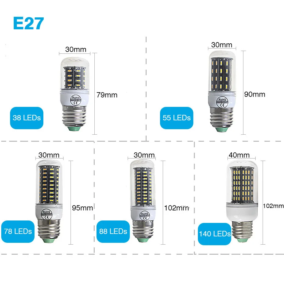 Кукурузная лампа Светодиодная E27 E14 SMD 5730 38 55 78 88 140 светодиодов e27 холодный белый 220