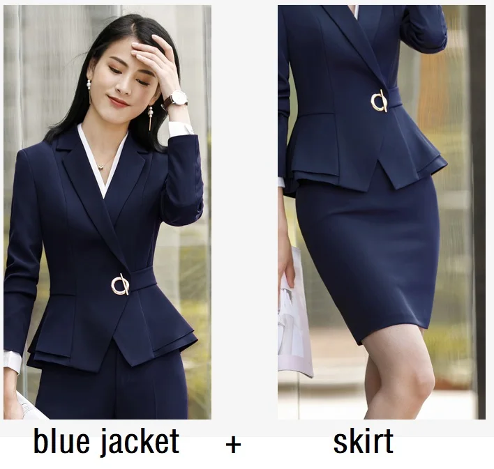 blue jacket skirt Женские костюмы, приталенная весенняя куртка с оборками и длинными рукавами, штаны, комплект из 2 предметов, OL, Деловые женские брючные костюмы, женский комплект, костюмы 1882 - Цвет: blue jacket skirt