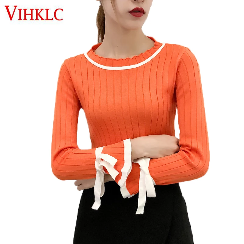 Трикотаж женский Осень Зима 2018 Новый трубчатый рукав бант круглый вырез тонкий