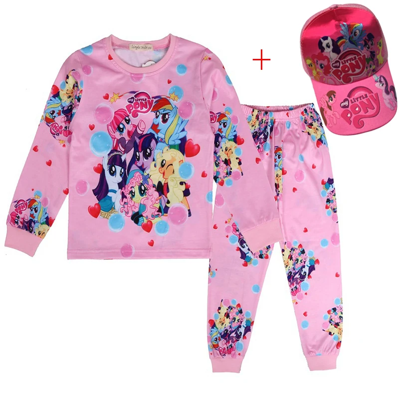 Pink-Hat Новая детская одежда для малышей пижамы для маленьких девочек летний костюм с длинными рукавами Пижама «My Little Pony» для девочек, пижамный комплект со шляпой - Цвет: Pink-Hat