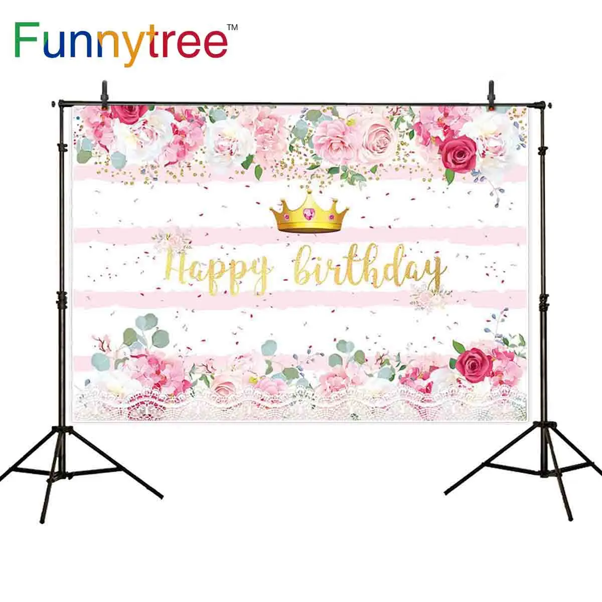 

Funnytree girl birthday party backdrop photophone princess crown pink flower pastel photocall photozone photophone background