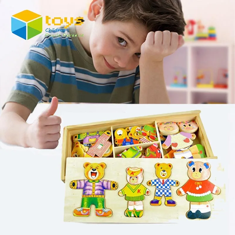 DIY деревянный медведь семья одевая головоломки развивающая игрушка для детей