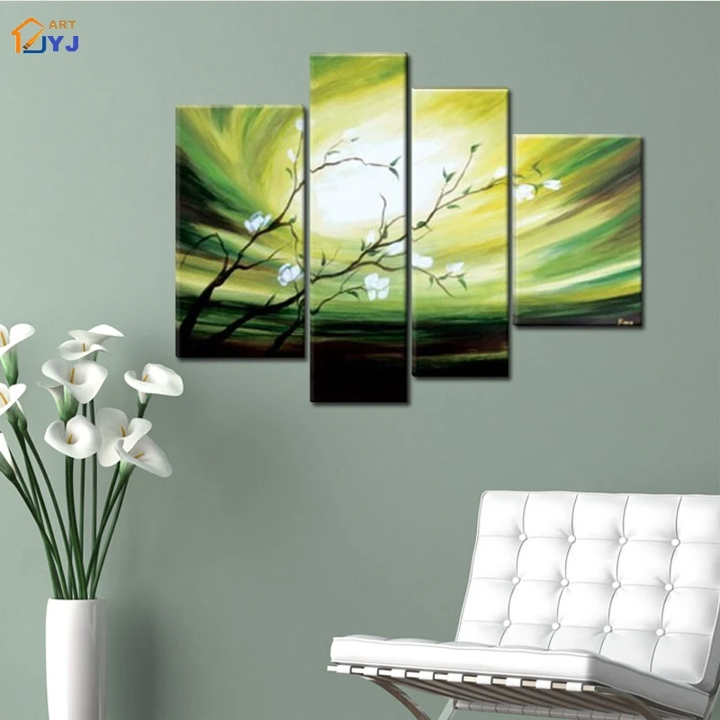 Модульная картина без рамки 4 панели зеленый цвет цветок ручная роспись