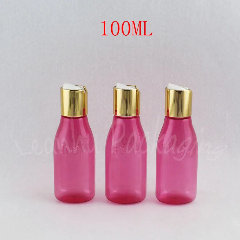 100ML Rose Red Plastic Bottle With Gold Disc Top Cap , 100CC Lotion / Shampoo Travel Packaging Bottle , Empty Cosmetic Container