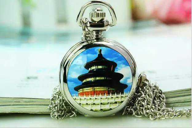 

New Arrival Enamel Pocket Watch Temple of Heaven pattern Quartz Pendant Watch necklace 10pcs/lot good quality