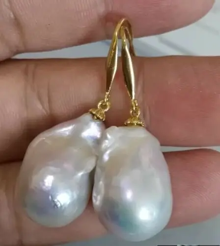 AAA 20x13mm South Sea White Baroque Pearl Earrings 14K/20 YELLOW GOLD | Украшения и аксессуары