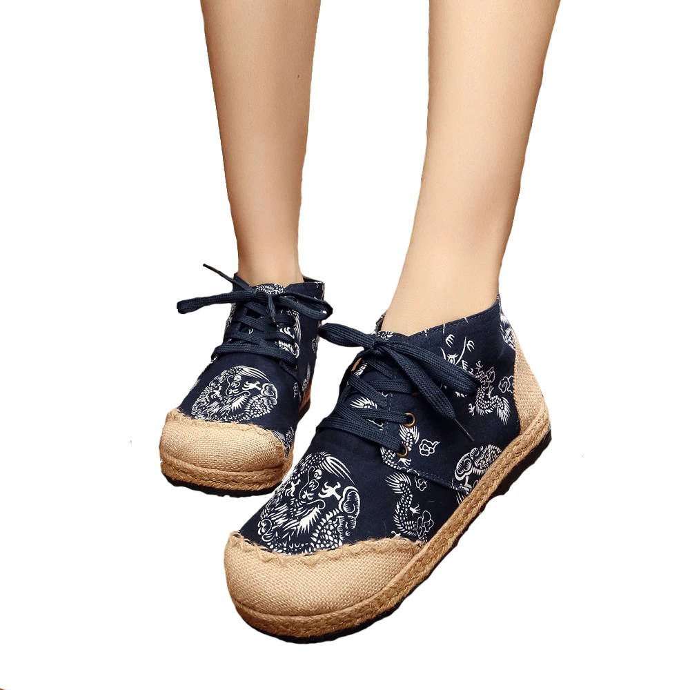 Women Shoes Vintage Dragon Print Embroidered Cotton Linen Canvas Cloth Single National Woven Round Toe Lace Up Flats