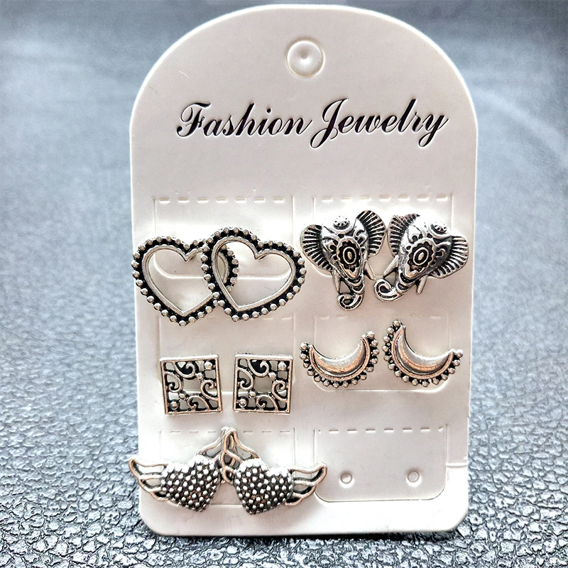 10 Pcs/Set Retro Hollow Heart Wings Elephant Moon Square Silver Color Stud Earrings Women Wedding Party Jewelry Earring Set | Украшения и