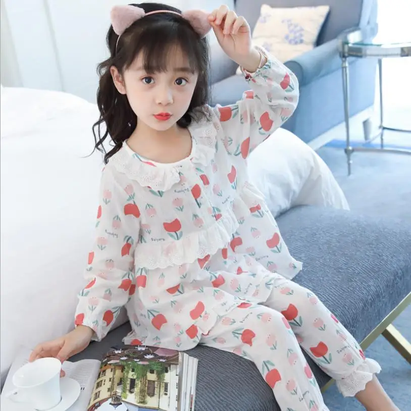 Пижамы принцессы с длинными рукавами для девочек новые милые топы кружевом в