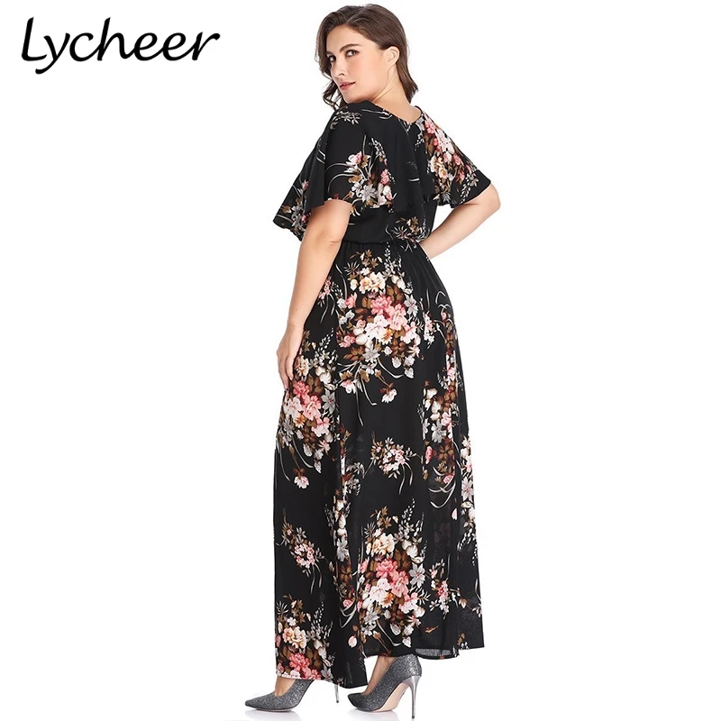 Женское длинное платье с цветочным принтом Lycheer летнее макси коротким рукавом и