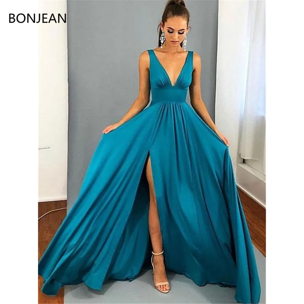 

2019 Fashion Elegant Prom Dresses A Line V Neck Blue Long Off Shoulder Floor Length Chiffon Long Sleeveless Evening Formal Dress