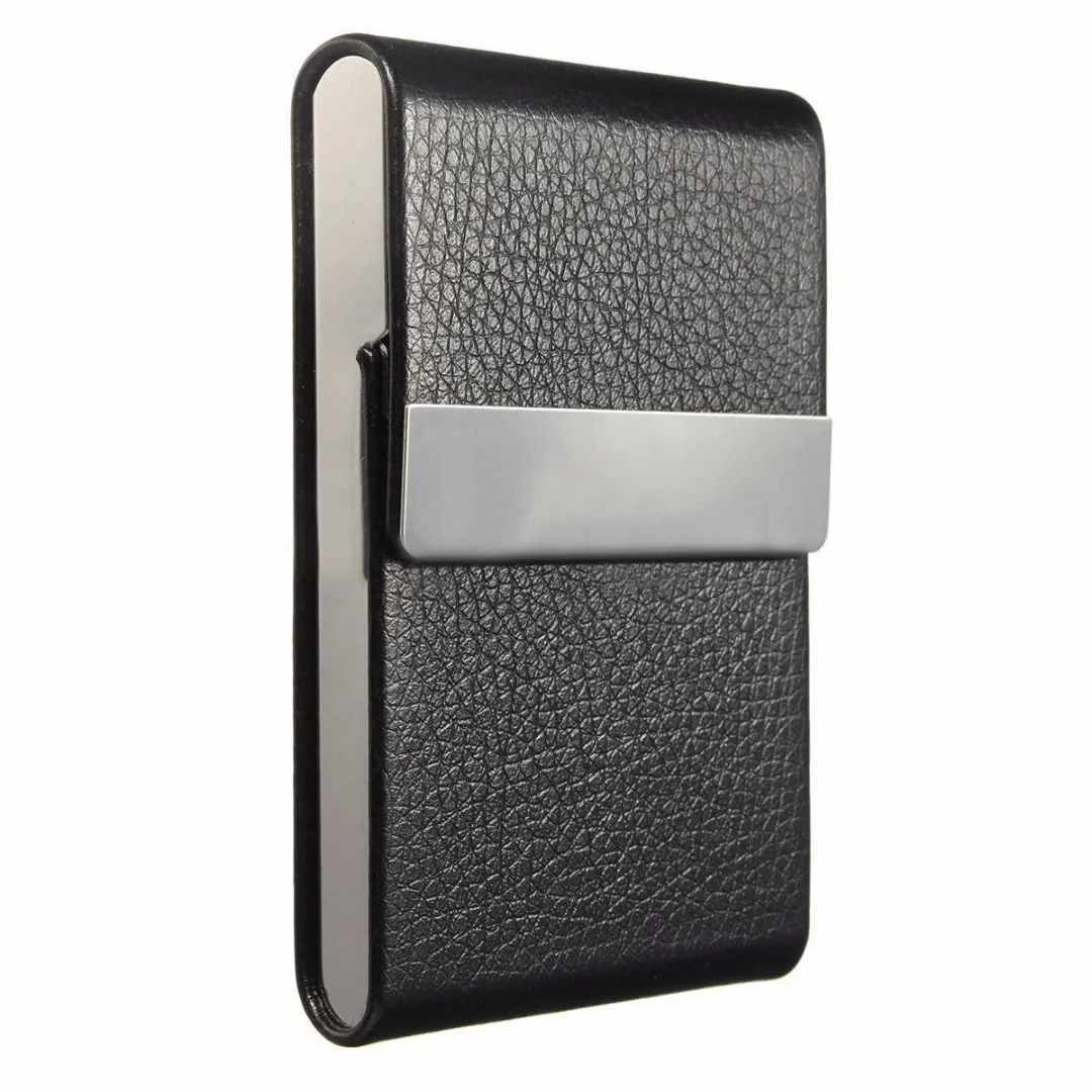 

1pc Pocket Black Stainless Steel PU Leather Name Business Card Case Holder