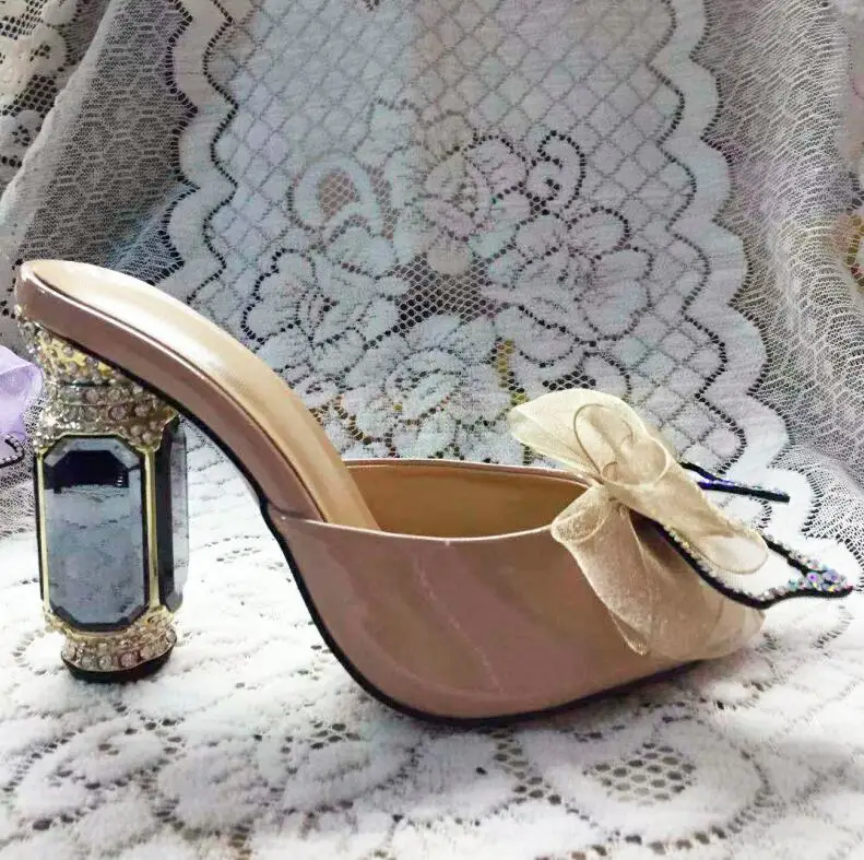 Khaki 10cm Летние Стразы босоножки Под платье; платье из органзы Бисер украшенный галстук-бабочка; торжественная обувь; женские вечерние туфли на высоком каблуке; шлепанцы без задника с открытыми пальцами - Цвет: Khaki 10cm