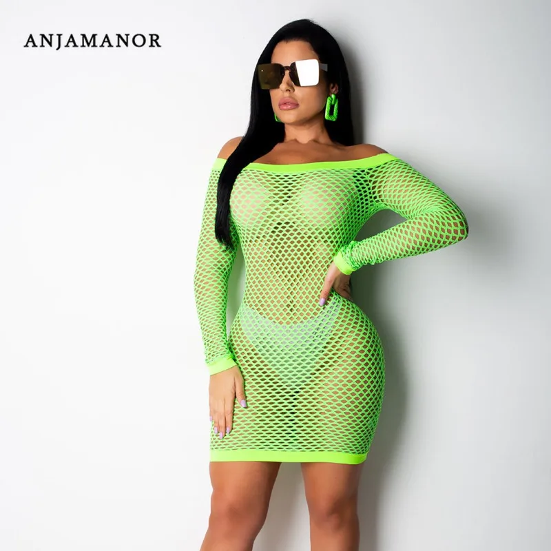 ANJAMANOR Neon Green рыболовная сеть с открытыми плечами мини облегающее платье