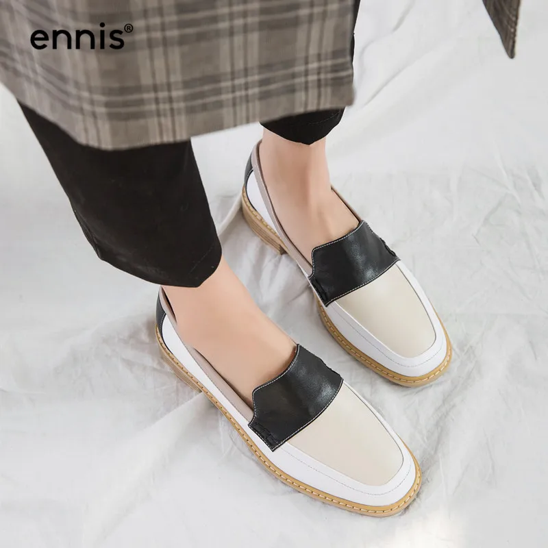 ENNIS Genuine Leather Boat Shoes Women Outdoor Casual Shoes Mixed Color Shoes Black Brown Flat Loafers Autumn Spring C9108
