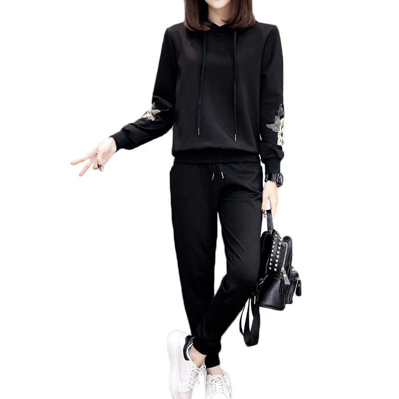 

Plus Size 4XL 2021 Spring Embroidery Two Piece Sportswear Suits Women Loose Tracksuit Woman Hooded Tops Long Pants Sporting Sets
