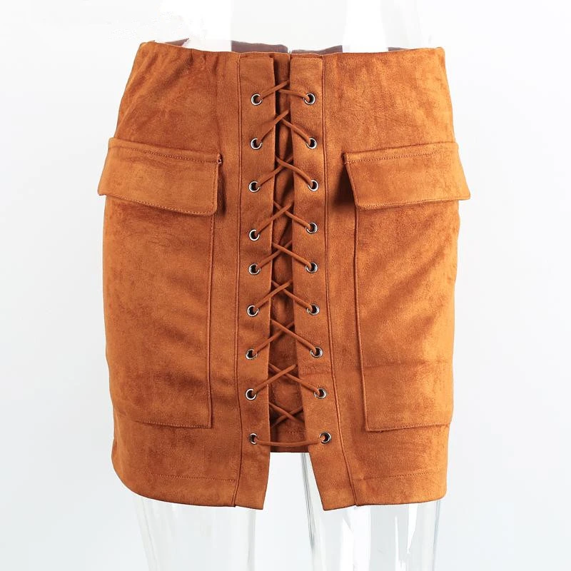 2016 Autumn Winter New Elegant Sexy 90's Vintage Bodycon Suede Leather Pocket Lace Up High Waisted Women Mini Short Pencil Skirt | Женская