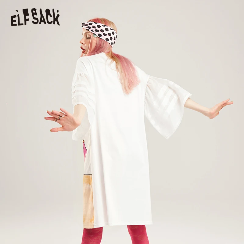 ELF SACK/модное хлопковое Белое Женское праздничное платье с принтом; повседневные женские платья с круглым вырезом и кисточками; летний уличный сверхразмерный наряд