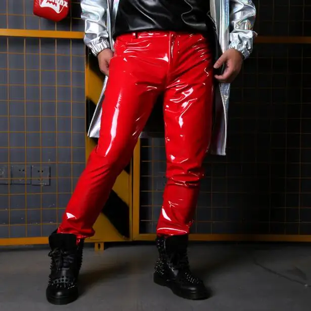 2021 New Fashion Blue Red Patent Leather Stretch Trousers Wild Stage Style Hip Hop Joggers Leather Pants Men Personality Costume