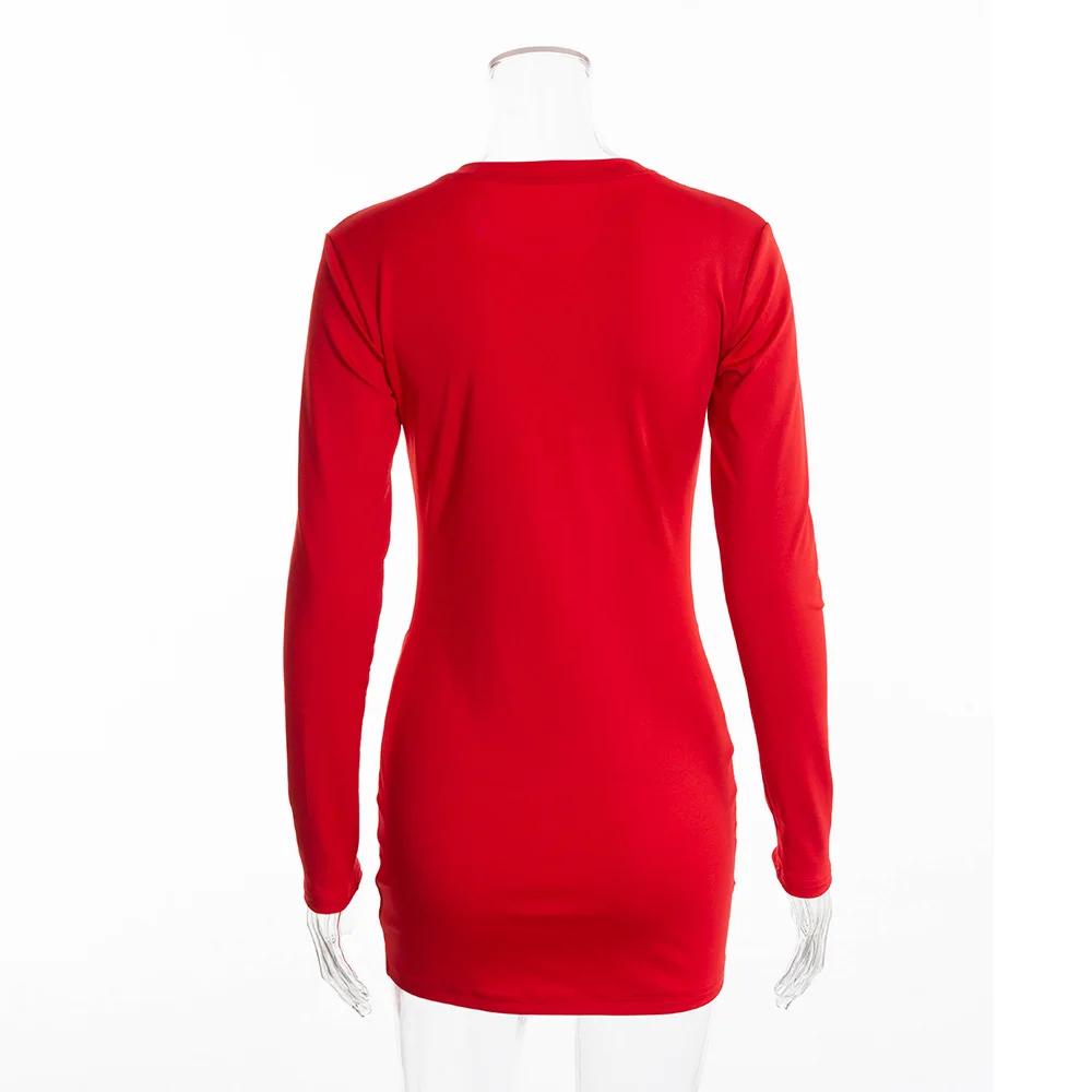 Женское винтажное платье туника с длинным рукавом красное мини круглым вырезом и