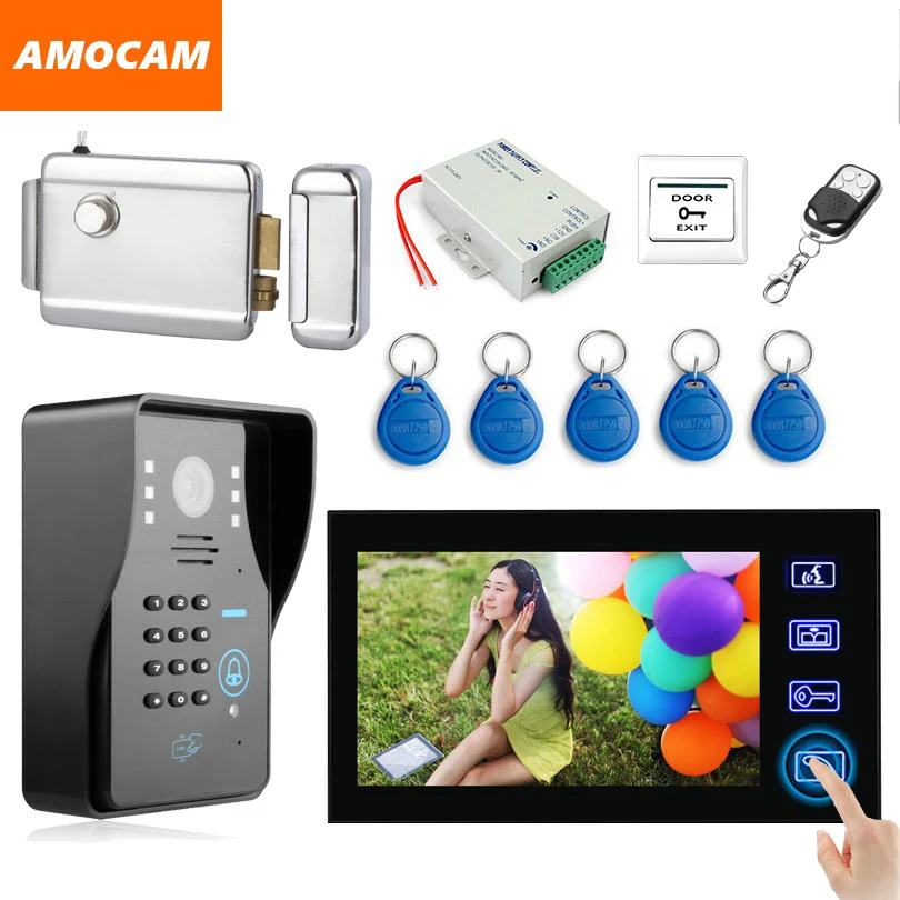 

7" Touch Video Doorbell Kit ID Keyfobs Password Code Exit Electronic Door Lock Wired Video Door Phone Intercom System