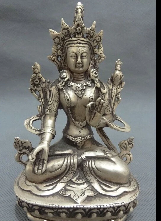 

21cm/14 cm Tibet Silver Buddhist Joss Protect Set Lotus 7 Eyes White Tara Buddha Statue 2 Colour choice