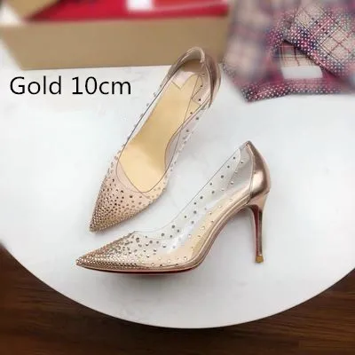Gold 10cm Mstacchi Для женщин женская обувь на высоком каблуке из ПВХ стразы женские туфли-лодочки стильная женская обувь Острый носок шпильки обувь Mujer Свадебные Закрытая обувь - Цвет: Gold 10cm
