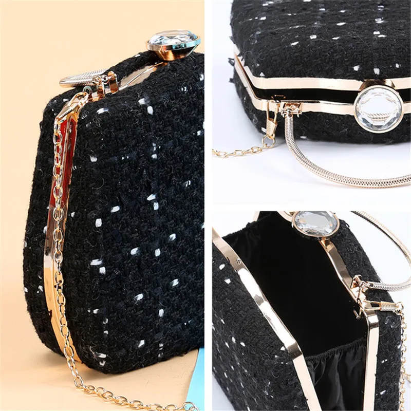 

2019 NEW Fashion Handbag for women black with white color wool tote bags Ladies Chain Shoulder Messenger Bag Dinner Party Purse